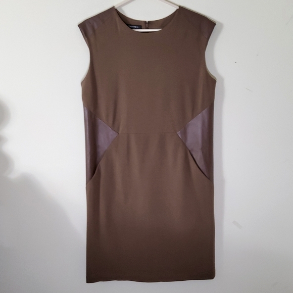 LAFAYETTE 148 NEW York Solid Brown Ponte Leather Insert Dress Size 12 Petite - Picture 1 of 8